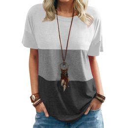 Women's Summer Color Block Tops Tee Casual Short Sleeve Tshirts Loose Top Pullover Ladies O-Neck Striped Patchwork Tee Y0629