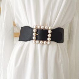 Belts Big Pearl Gold Square Buckle Waistbands Lady All Match Punk White Stretch Black Wide Waist Seal Women Skirt Wedding Dress