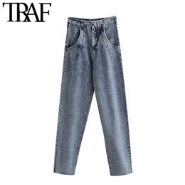 TRAF Women Vintage Stylish Washed Effect High Waisted Jeans Fashion Zipper Fly Pockets Female Denim Pants Casual Ankle Trousers 210415