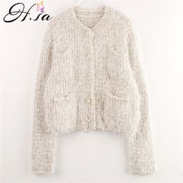 H.SA Autumn Winter Women Fall Pockets Stitch Silver Tassel Casual Cardigans Elegant White Grey Fake Fur Knitwear 210417