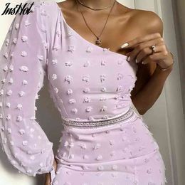 Elegant Women One Shoulder Bodycon Dress Female High Waist Puff Sleeve Pink Dress Ladies Zipper Party Dress for Summer 210514