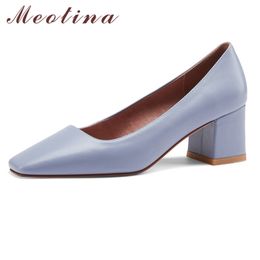 Meotina Natural Genuine Leather Women Shoes Block High Heels Dress Pumps Square Toe Shallow Slip On Footwear Blue Spring Size 40 210520