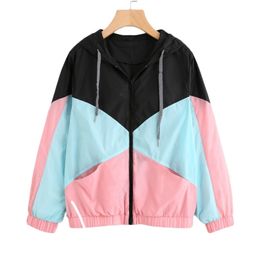 Women Long Sleeve Zipper Pockets Casual Sport Coat multi Colour cut and sew windbreaker with hood block Coats 211014