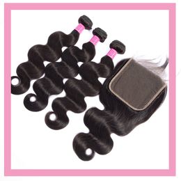 Indian Human Virgin Hair Body Wave 3 Bundles With 6X6 Lace Closure Middle Three Free Part Natural Colour Wholesale 10-30inch