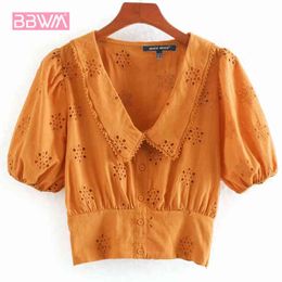 Harajuku Retro Solid Colour Embroidered Doll Collar Cutout Cute Fashion Short-sleeved Female Shirt French Chic Sweet Women's Tops 210507