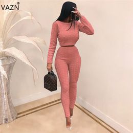 VAZN Spring Temperate Style Women 2 Piece Set Casual Solid O-Neck Full Sleeve Full Length Lady Bodycon Overalls Knit Set QM3583 X0428
