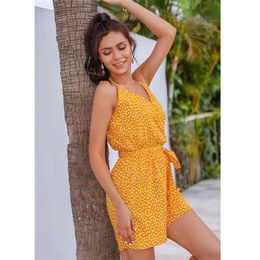 Strap Backless Polka Dot Yellow Rompers Playsuit Overalls for Women Casual Sash Wide Leg V Neck Summer Beach Romper 210427