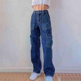 JMPRS High Waist Women Jeans Spring Preppy Style Pockets Baggy Denim Pants Casual Blue Patchwork Pocket Streetwear Trousers 210629
