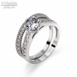 Wedding Rings FASARA 2 Rounds Cubic Zirconia Paved Six Prongs Sets Engagement Silver Color Crystal Jewelry For Women Gift