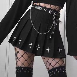 -Gonne Gothic Gothic High Waist Skirt Pleated Gonna Nero Bianco Ricamato Mini E-Girl Steampunk Vestito Estate Femmina