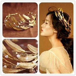 FORSEVEN Vintage Crystal Pearl Headband Bride Tiara Headpiece Gold Color Leaf Jewelry Wedding Crowns Hair Accessories JL