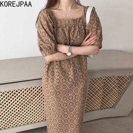 Korejpaa Women Dress Summer Ladies Elegant French Slimming Square Collar Leaking Clavicle Lace Waist Water-Soluble Vestidos 210526