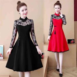 Spring Aautumn Women's Dress Chinese Style Lace Stitching Improved Cheongsam Large Size Slim Long Sleeve es LL904 210506