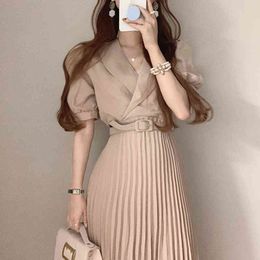 summer French temperament suit tie waist slimming puff sleeve pleated dress with belt women boho long maxi 210429