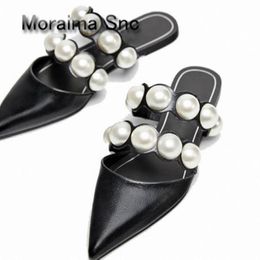 Snc Women White Pearl Moraima Slippers Decor Flats Sandals Sexy Pointed Toe Leather Elegant Casual Summer Shoes Pant 42