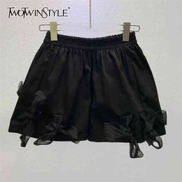 Black Casual Loose Short For Women Elastic High Waist Patchwork Bowknot Minimalist Shorts Female Summer Fashion 210521