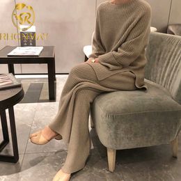 Women's Knitted Suits New Winter Fashionable Knitted Pants Set Loose Thick Sweaters Wide Leg Pants Trousers Two-piece Set Y0625