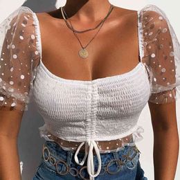 Polka Dot Mesh Crop Top Women Short Sleeve Ruched Summer Tulle Blouse Tops Casual See Through Short Tops Sexy 210415