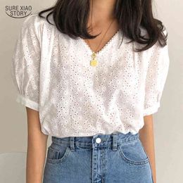 Pullover White Ladies Tops Clothing Summer Short Sleeve Hollow Out Blouse Office Lady V Neck Floral Women Shirt 9595 210415