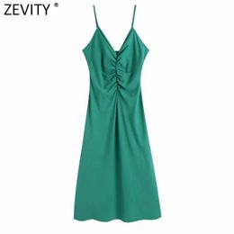Zevity Women Sexy Pleated Design V Neck Green Colour Sling Dress Female Chic Backless Casual Slim Party Beach Vestido DS8274 210603
