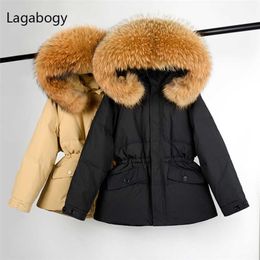 Lagabogy Huge Real Racoon Fur Winter Women Short Down Parka Female Hooded Thick Warm Puffer Jacket Ladies Casual Snow Coat 211126