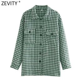 ZEVITY Women Vintage Turn Down Collar Long Sleeve Houndstooth Shirt Coat Female Pockets Patch Casual Slim Jacket Tops CT614 210603