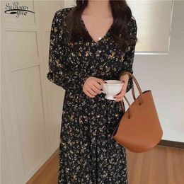 Vintage Floral Chiffon Dress Women Elegant Black V Neck Mid-calf High Waist Puff Sleeve Party es Vestidos 13257 210508