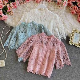 Elegant Palace wind crochet embroidery hollow lace shirt blouse for womens short design sweet top clothes 210420