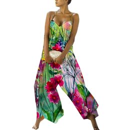 Women's Fashion Loose Casual V Neck Floral print backless Boho Halter Wide Leg summer Jumpsuits Rompers Q0801