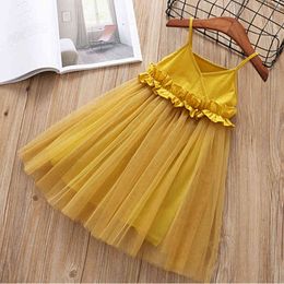 Girls Clothes Summer Dress Fashion Style Sleeveless Flower Mesh Stitching Princess Dresses Children 210515