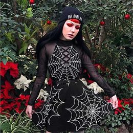 Black Slim Halloween High Waist Sexy Halter Lace-up Mini Dress Off Shoulder Dress Women's Gothic Hollow Halter Dress Y1006