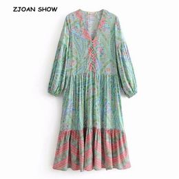 Bohemian Aberto Botões Deep V Neck Localização Floral Impressão Vestido Étnico Mulher Manga Longa Ruffles Maxi Beach Balanço Vestidos 210429