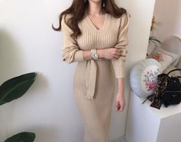 Autumn new design women's v-neck puff long sleeve bandage sashes vent jag midi long sweater dress solid color