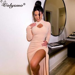 Colysmo Long Sleeve Dress Cut out Ribbed Knit Side Split Crewneck Pink Sexy Bodycon Woman Chic Casual Party Vestidos 210527