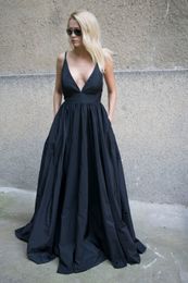 Taffeta A Line Evening Dress Long Straps Prom Dresses Black Romantic Open Back Strappy Gowns