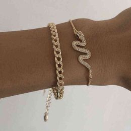 2 Pcs/set Gold Color Snake Chain Bracelet Women Bohemian Cuban Link Charm Men Jewelry