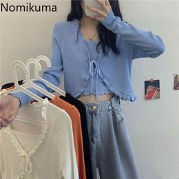 Nomikuma Arrival Korean Style Knitwear Solid Colour Long Sleeve Tops Fake Two Pieces Casual Cardigans Lace Up Ropa Mujer 210514