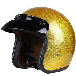 gold shine Motorcycle Helmet 3/4 Open Face Vintage Casco Moto Jet Scooter Bike Helmet Retro DOT approved Casque Q0630