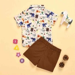 Summer Children Sets Casual Short Sleeve Turn-down Collar Bow Print T-shirt Brown Shorts Cute 2Pcs Girls Clothes 0-5T 210629
