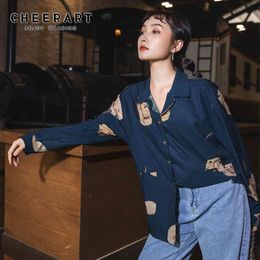 Ukiyoe Musashi Print Long Sleeve Blouse Women Fall Lapel Button Up Loose Shirt Autumn Top And Clothing 210427