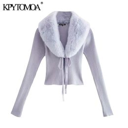 KPYTOMOA Women Fashion Faux Fur Patchwork Cropped Knitted Cardigan Sweater Vintage Tied V Neck Female Outerwear Chic Tops 210805