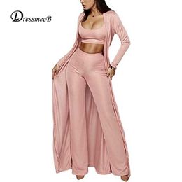 Dressmecb Solid Pink Three Pieces Outfits Women Loose Tanks And Long Pants Coat Autumn Suits Casual Streetwear 3 Piece Set 2021 Y0625