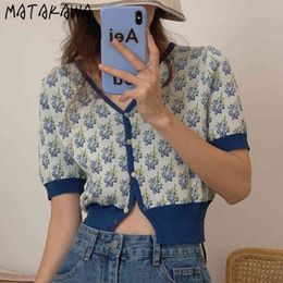 MATAKAWA Summer Vintage V-neck Women Sweater Contrast Cardigans Print Single-breasted Short-sleeved Knitted Cropped Cardigan 210513