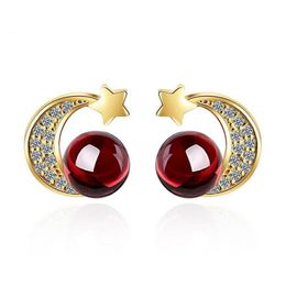 Stud Fashion Gold Color Cute Star Moon Red Garnet Clear Zircon Earring For Women Girls Lady Simple Sweet Party Gift Jewelry