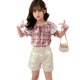 Kids Summer Clothes Plaid Tshirt + Short Children's For Girls Lace Teenage Costume 210528