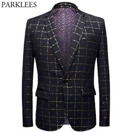 Gold Plaid Cheque Bronzing Luxury Blazer Jacket Men Slim Fit One Button Tuxedo Suit Blazer Male Party Stage Wedding Blazer Hombre 210522