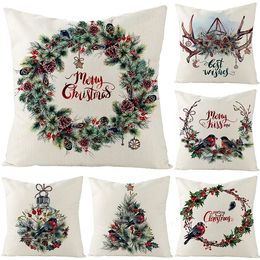 Nordic Christmas Pillow Case watercolor printing wreath linen cushion cover sofa car 45 * 45cm Bedding Supplies T2I53172