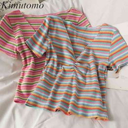 Kimutomo Summer Striped Knitted T-shirt Women Korean Fashion Female V-neck Short Sleeve Slim Waist All-matching Top Casual 210521