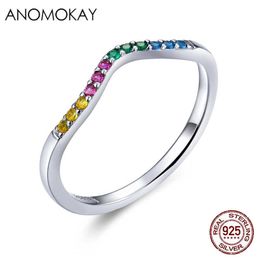 Anomokay 100% Real 925 Sterling Silver Rainbow Wave Finger Rings Colorful CZ Paved Engagement Wedding Ring Jewelry Women