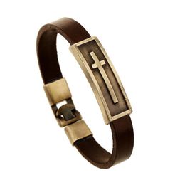 KaiMin Classic Christ Cross Men Women Leather Bracelet Simple Brown Steel Button Neutral Accessories Hand-woven Jewelry Gifts Charm Bracelet